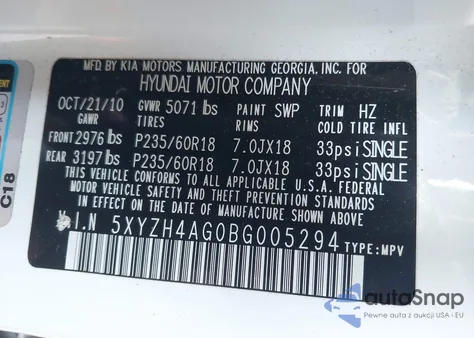 2011 Hyundai Santa Fe Se z USA, uszkodzony, nr VIN 5XYZH4AG0BG005294